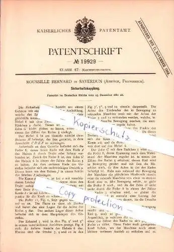 Original Patent - Roussille Bernard dans Saverdun , Ariege , 1881 , embrayage de sécurité , génie mécanique !!!