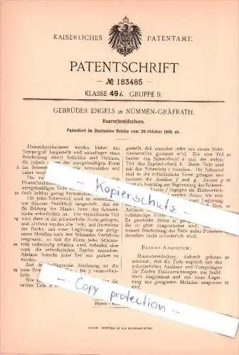 Original Patent - Gebrüder Engels in Nümmen - Gräfrath b. Solingen ,1905 , Haarschneidemaschine , Friseur !!!