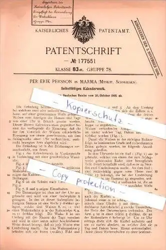 Original Patent - Per E. Persson in Marma b. Älvkarleby Municipality ,1905, Kalenderwerk , Kalender , Sweden , Skutskär