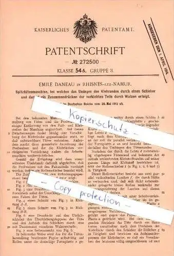 Original Patent - Emile Daneau in Rhisnes b. Namur , 1912 , Spitztütenmaschine , Maschinenbau !!!