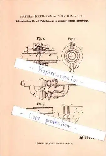 Original Patent - Mathias Hartmann in Bad Dürkheim a.d. Haardt , 1901 , Rohrverbindung , Rohre , Tiefbau !!!