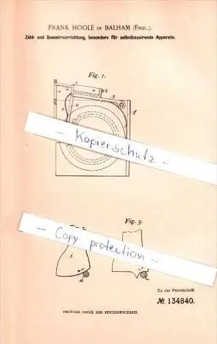 Original Patent - Frank Hoole in Balham b. London , 1899 , Counter for cash , adding machine !!!