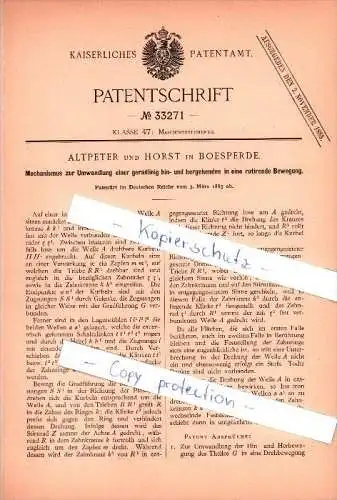 Original Patent - Altpeter und Horst in Bösperde b. Menden , 1885 , Mechanismus zur Bewegungsumwandlung , Maschinenbau !