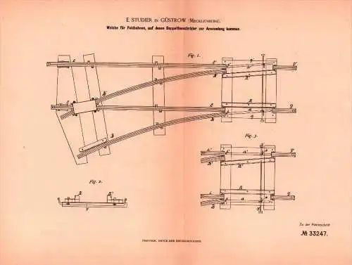 Original Patent - E. Studier in Güstrow i. Mecklenburg , 1885 , Weiche für Feldbahn , Eisenbahn !!!