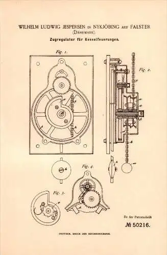 Original Patent - Wilhelm Ludwig Jespersen in Nyköbing auf Falster , 1889 , Regulator für Feuerung , Nykøbing Falster  !