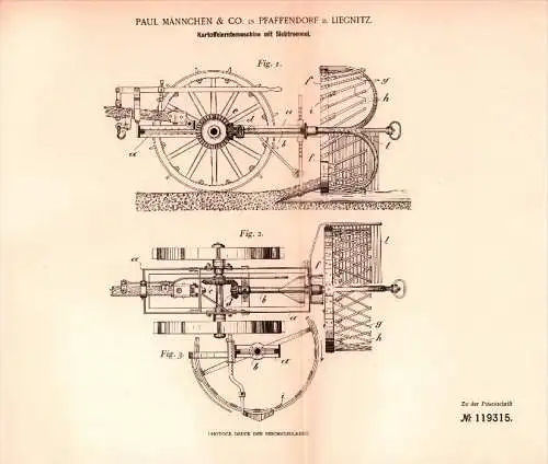 Original Patent - Paul Männchen & Co in Pfaffendorf b. Liegnitz / Legnica , 1899 , Kartoffel - Erntemaschine , Agrar !!!