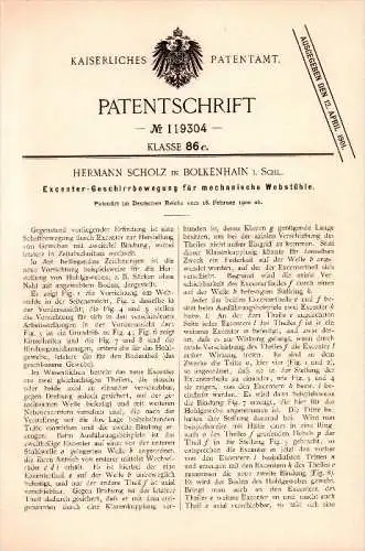 Original Patent - Hermann Scholz in Bolkenhain / Bolków i. Schlesien , 1900 , Excenter - Bewegung für Webstuhl , Weberei