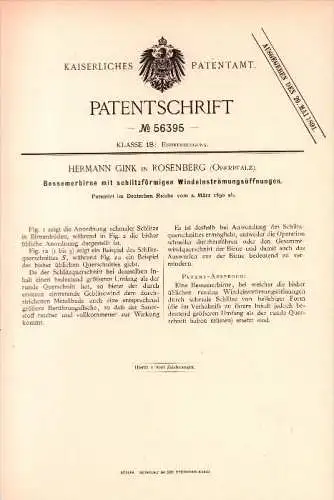 Original Patent - Hermann Gink in Rosenberg b. Sulzbach , 1890 , Bessemerirne , Metallbau , Oberpfalz !!!