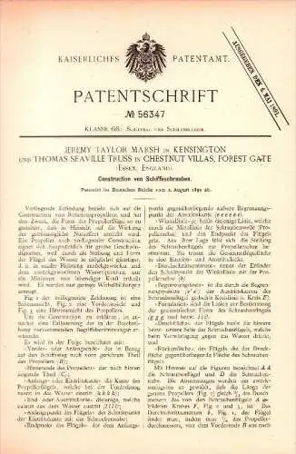 Original Patent -T. Truss in Chestnut Villas , Forest Gate , 1890 , Construction for marine propellers , Kensington !!!