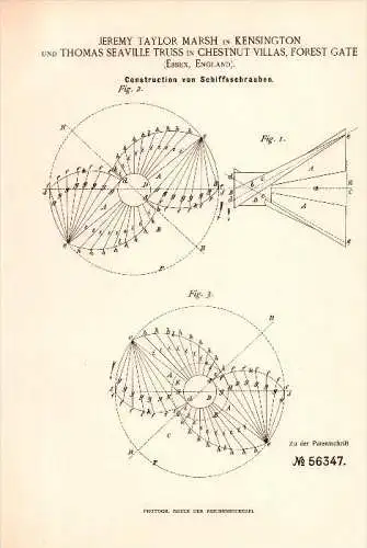 Original Patent -T. Truss in Chestnut Villas , Forest Gate , 1890 , Construction for marine propellers , Kensington !!!