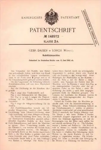 Original Patent -  Gebr. Daiber in Lorch b. Stuttgart , 1902 , Nudel - Falzmaschine , Württemberg !!!