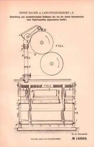 Original Patent - Ernst Illgen in Langenchursdorf b. Callenberg i.S., 1902 , Einrichtung für Papiermaschine , Papier !!!