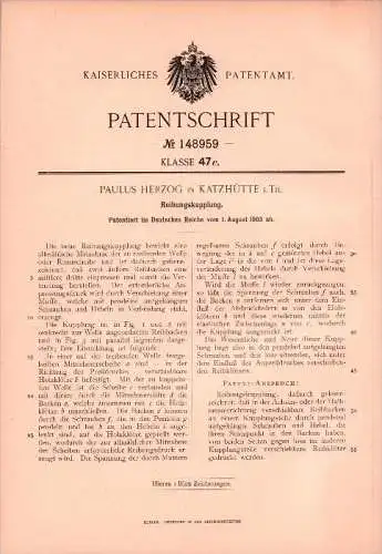 Original Patent - Paulus Herzog in Katzhütte i. Th.,1903, Reibungskupplung , Maschinenbau , Saalfeld - Rudolstadt !!!