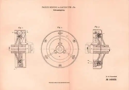 Original Patent - Paulus Herzog in Katzhütte i. Th.,1903, Reibungskupplung , Maschinenbau , Saalfeld - Rudolstadt !!!