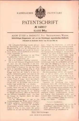 Original Patent - Alois Etter in Babalitz b. Bischofswerder / Biskupiec , 1902 , Klappenwehr , Staudamm , Westpreussen