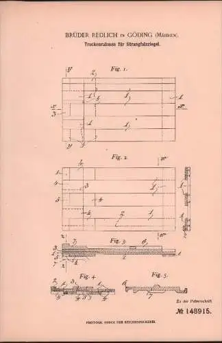 Original Patent - Brüder Redlich in Göding / Hodonin , 1902 , Rahmen für Falzziegel , Dachziegel , Ziegel , Mähren !!!