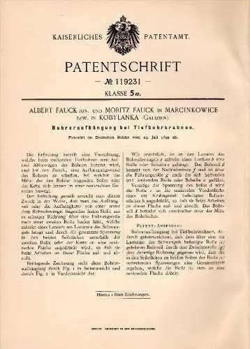 Original Patent - Moritz Fauck in Marcinkowice / Kobylanka , 1899 , Bohrer für Tiefbohrer , Kran !!!