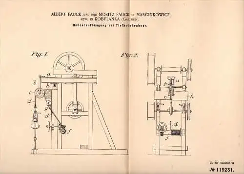 Original Patent - Moritz Fauck in Marcinkowice / Kobylanka , 1899 , Bohrer für Tiefbohrer , Kran !!!