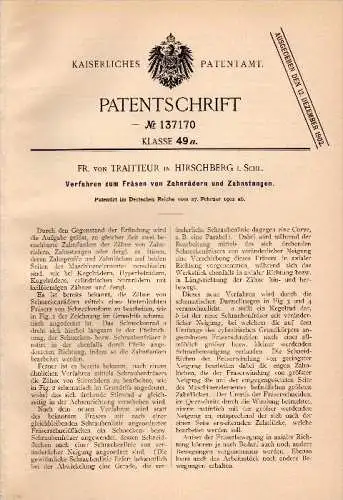 Original Patent - Fr. von Traitteur in Hirschberg i. Schlesien , 1902 , Fräsen von Zahnrädern , Jelenia Góra !!!