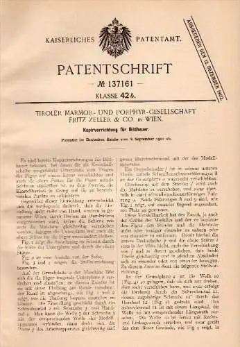 Original Patent - Tiroler Marmor- und Porphyr-Gesellschaft Fritz Zeller & Co in Wien , 1901 , Bildhauer - Kopierapparat