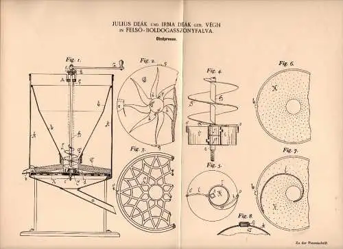 Original Patent - Irma Deák geb. Végh in Fels&#337;boldogfalva , 1897 , Obstpresse , Obst , Presse , Obstbau , Mosterei