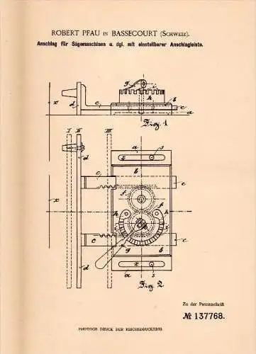 Original Patent - Robert Pfau in Bassecourt , 1901 , Anschlag für Sägemaschinen , Säge , Sägewerk , Schreinerei !!!