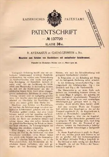 Original Patent -R. Avenarius in Gau-Algesheim a. Rhein ,1902, Maschine zum Schälen von Holz , Tischlerei , Gaualgesheim