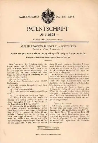 Original Patent - A.E. Burnouf dans Bonnieres-sur-Seine , 1899 , Les roulements à rouleaux à double coque de palier !!!