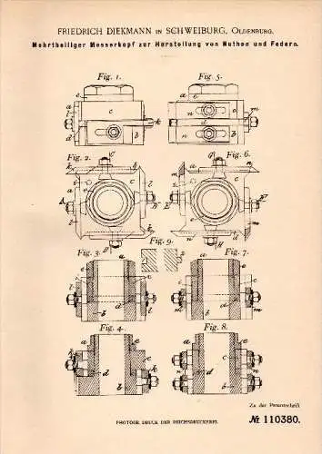 Original Patent - Friedrich Diekmann in Schweiburg b. Jade , 1899 , Messerkopf für Bretter , Tischlerei , Holz !!!