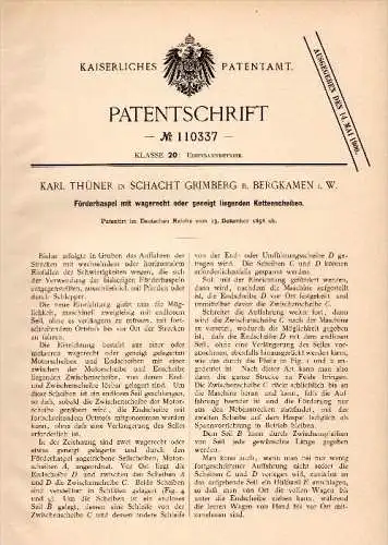 Original Patent - K. Thüner in Schacht Grimberg b. Bergkamen i.W., 1898 , Förderhaspel für Bergbau , Zeche , Wilnsdorf !