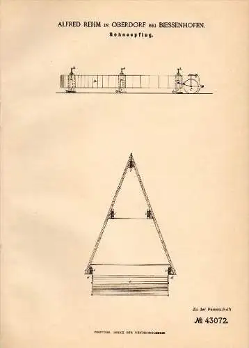 Original Patent - Alfred Rehm in Oberdorf b. Biessenhofen , 1887 , Schneepflug , Pflug , Schnee !!!