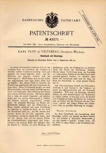 Original Patent - Karl Pufe in Veitsberg , Sachsen - Weimar ,1887, Hobelbank mit Bandsäge , Tischlerei , Tischler , Holz