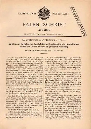 Original Patent - Dr. Zernikow in Oderberg b. Barnim , 1885 , Herstellung von Kunstkalkstein , Kalk , Ziegelei !!!