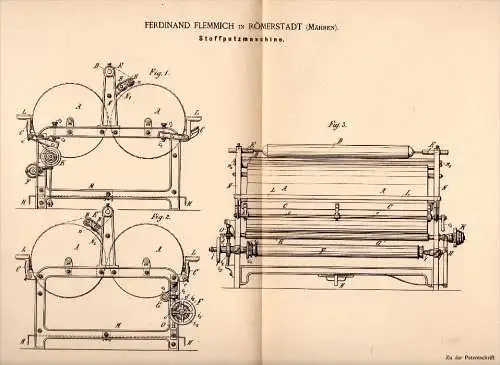 Original Patent - Ferdinand Flemmich in Römerstadt / Rýma&#345;ov , 1886 , Stoff - Putzmaschine , Mähren !!!