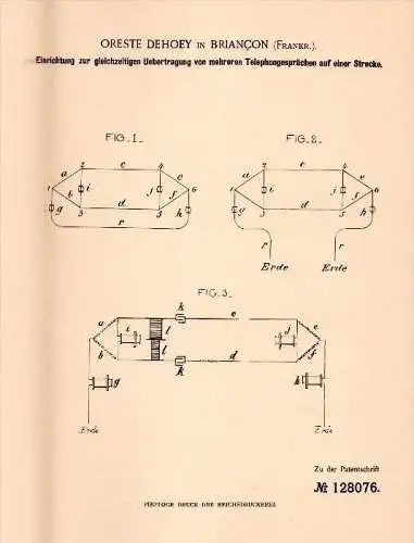 Original Patent - Oreste Dehoey dans Briancon , 1900 , Appareil pour de multiples appels téléphoniques !!!