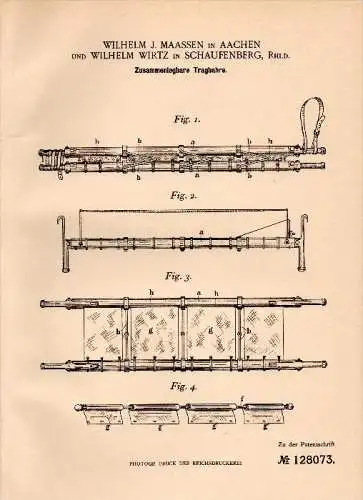 Original Patent - W. Wirtz in Schaufenberg b. Hückelhoven , 1900 , zusammenlegbare Trage , J. Maassen in Aachen !!!