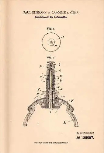 Original Patent - Paul Erismann in Carouge b. Genf , 1901 , Doppelventil für Reifen , Motorrad , Fahrrad , Automobil !!