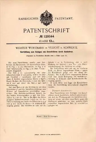 Original Patent - Wilhelm Wortmann in Villigst b. Schwerte , 1901 , Apparat zum Reinigen von Kesseln , Dampfmaschine !!