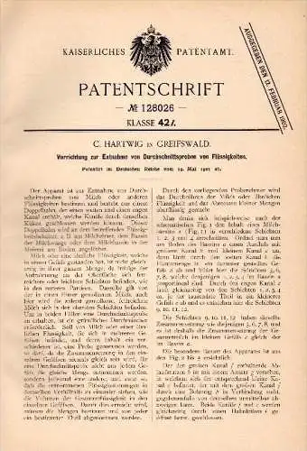 Original Patent - C. Hartwig in Greifswald in Mecklenburg ,1901, Apparat für Proben von Milch , Meierei , Landwirtschaft