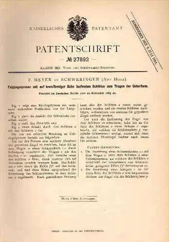 Original Patent - F. Meyer in Schweringen b. Hoya , 1883 , Ziegelpresse , Ziegelei , Thon und Steinwaren !!!