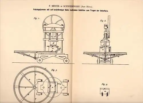 Original Patent - F. Meyer in Schweringen b. Hoya , 1883 , Ziegelpresse , Ziegelei , Thon und Steinwaren !!!