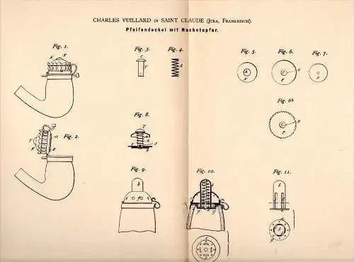 Original Patent - Charles Vuillard dans Saint Claude , Jura , 1884 , Bouchon de tuyau avec Stopfer , tabac !!!