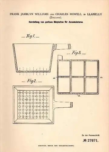 Original Patent -F.J. Williams and Ch. Howell in Llanelly ,1883, Production of lead plates for batteries, Monmouthshire