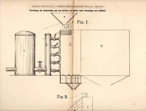 Original Patent - Amour Sottiaux in Strépy-Bracquegnies , 1883 , Aufbereitung von Kohle , Bergwerk , Erz , Hainaut !!!