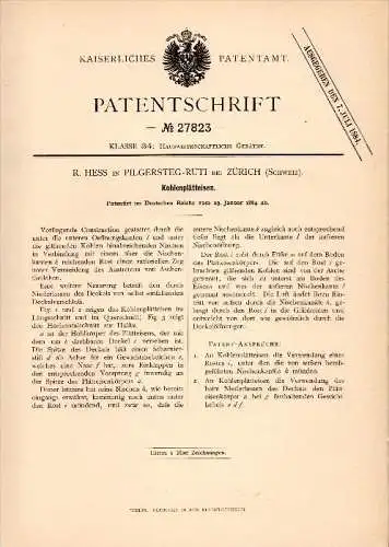 Original Patent - R. Hess in Pilgersteg - Rüti b. Zürich , 1884 , Kohlen - Plätteisen , Bügeleisen , Hinwil !!!