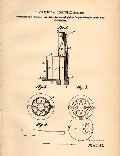 Original Patent - H. Catrice in Peruwelz , 1886 , Apparat für Bergwerkslampen , Bergbau !!!