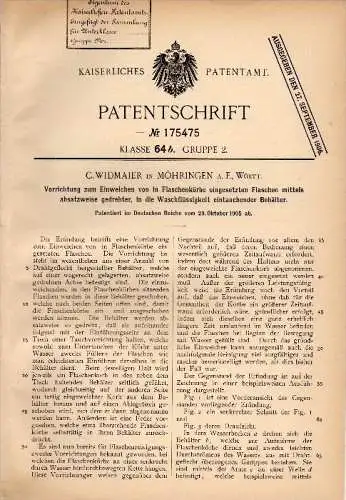 Original Patent - C. Widmaier in Möhringen b. Stuttgart , 1905 , Apparat für Flaschen , Reinigung !!!