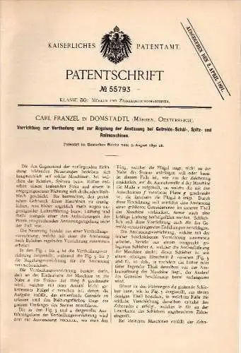 Original Patent -  Carl Franzel in Domstadtl / Domasov nad Bystrici i. Mähren , 1890 , Regelung für Getreidemaschinen !!