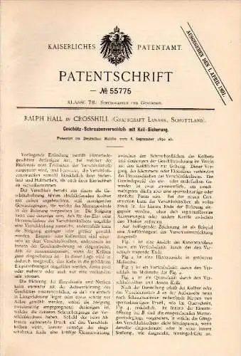 Original Patent - Ralph Hall in Crosshill near Lanark ,1890 , Closure for gun , cannon , Scotland  !!!