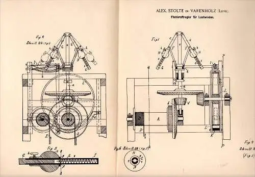 Original Patent - Alex Stolte in Varenholz b. Kalletal , 1890 , Fliehkraftregler für Lastwinden , Lippe !!!